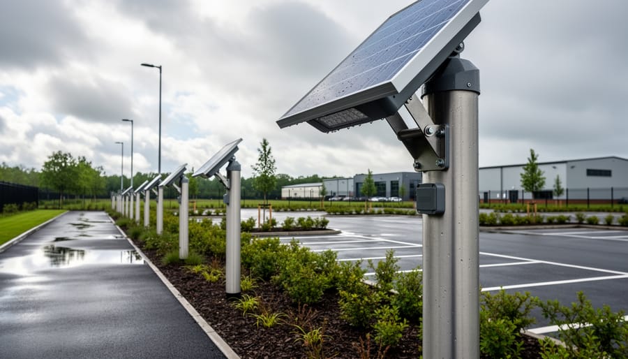 Traditional UK stone barn illuminated by solar-powered LED lights at dusk