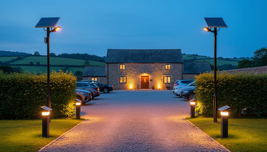 Blue hour view of a rural UK property entrance, gravel drive, and small car park illuminated by commercial-grade off-grid solar streetlights and bollards, with a stone barn, hedgerow, and rolling fields in the background.