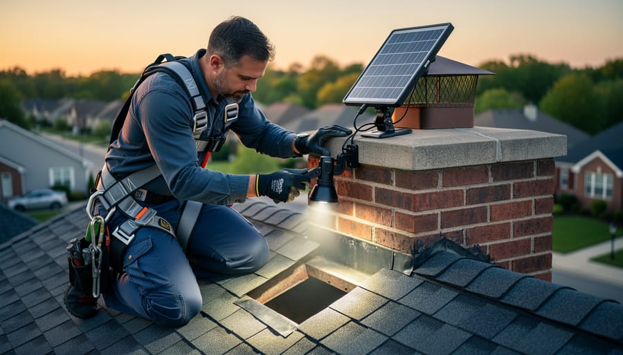 Chimney technician on a residential rooftop wearing a safety harness uses a clamp-mounted solar-powered LED work light with visible solar panel to illuminate a brick chimney flue at golden hour, with blurred neighborhood rooftops and trees in the background.