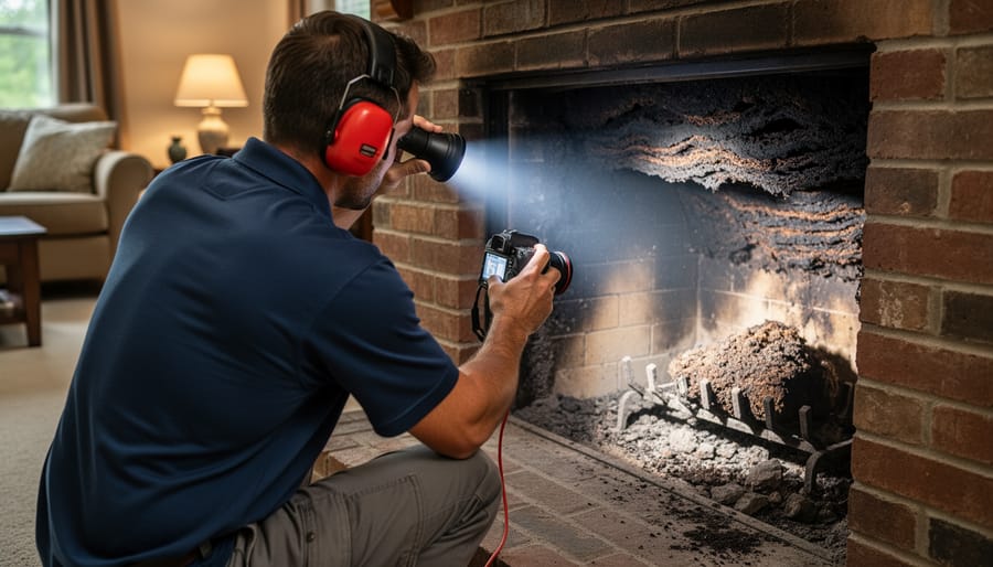 Chimney technician using LED work light to inspect dark interior of brick chimney