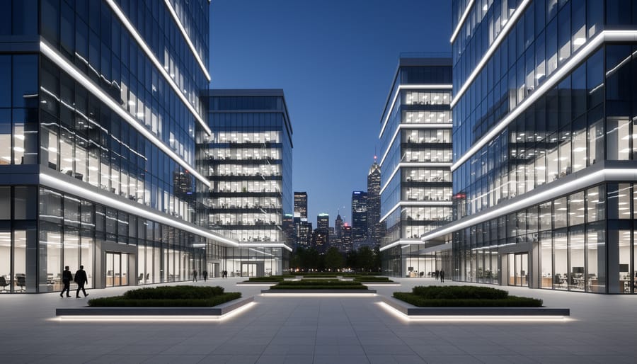 Commercial office building exterior showing energy-efficient LED lighting at dusk