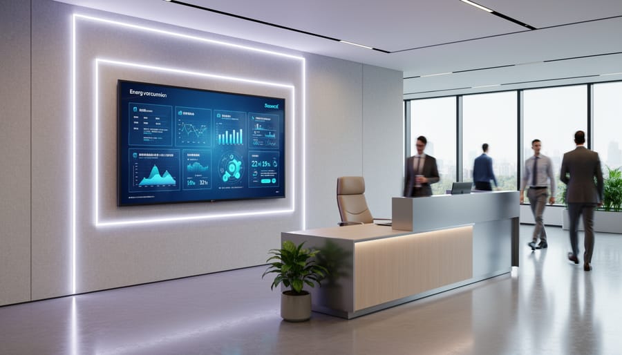 Corporate reception area with LED-backlit display screen creating professional ambient lighting