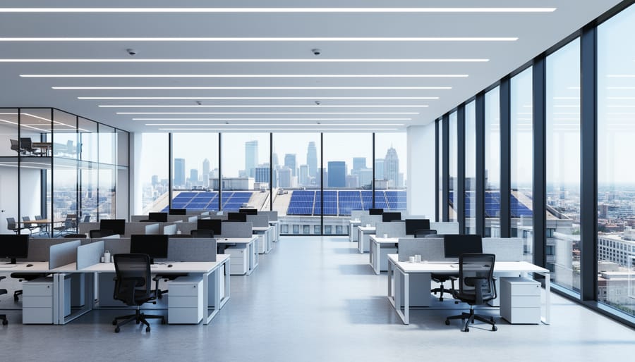 Modern open-plan office illuminated by linear LED ceiling fixtures and natural daylight from floor-to-ceiling windows, with subtle occupancy sensors visible and rooftops with solar panels beyond the glass.