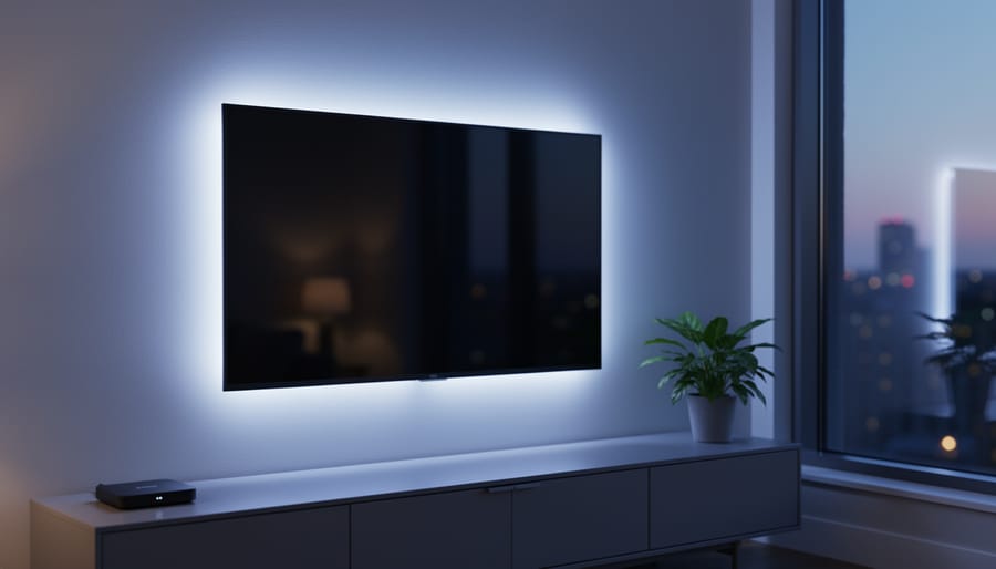 Wall-mounted TV emitting a soft blue-white LED halo in a sleek modern living room at dusk, with a minimalist console, small smart device, and potted plant softly blurred in the background.