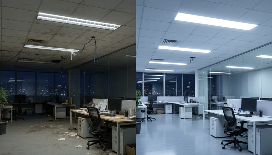 Modern LED light fixture installed in commercial ceiling showing advanced lighting technology