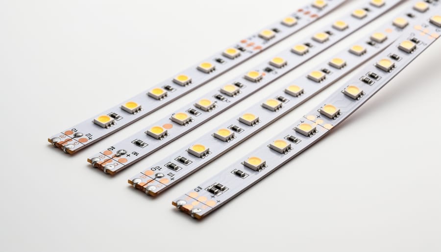 Close-up of RGB LED light strip showing individual LED components and circuitry