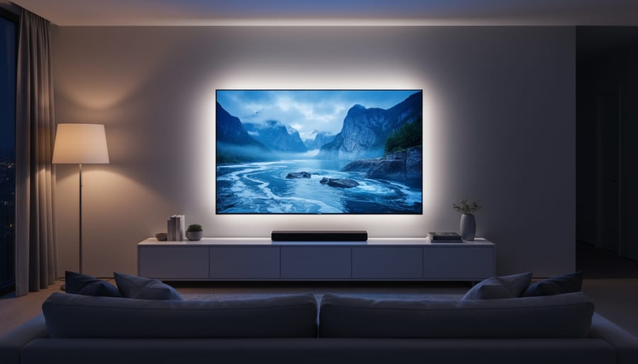 Modern TV with LED light strips creating ambient glow on living room wall
