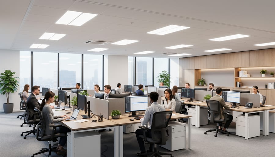 Modern commercial office space with energy-efficient LED lighting and working employees