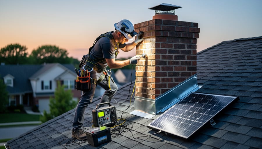 Chimney technician working on rooftop with portable solar LED lighting equipment