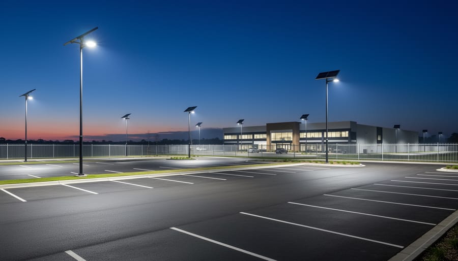 Solar panel array with integrated LED lighting system on commercial building roof