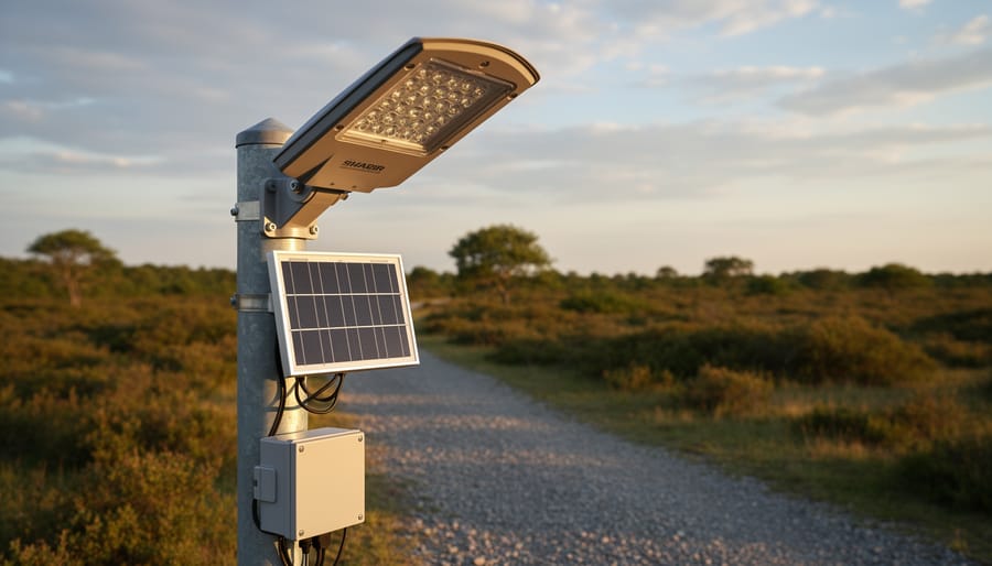 Close-up of solar LED light unit showing photovoltaic panel and LED array