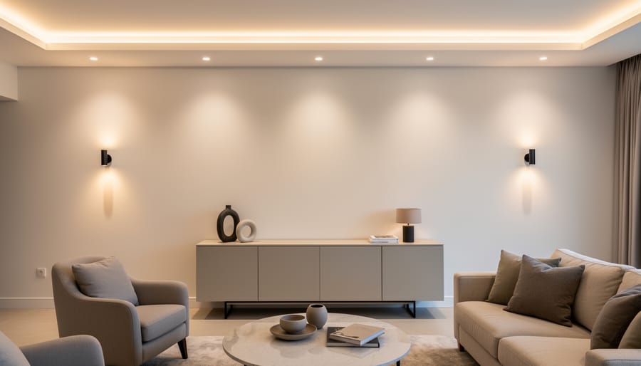 Hallway wall illuminated by layered light sources showing even brightness and soft light falloff.