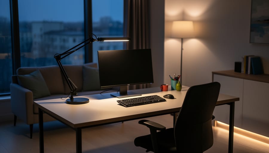 Home office desk showing layered lighting with a focused task lamp and warm ambient ceiling light.