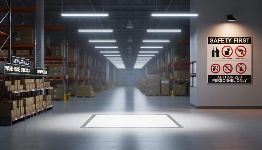 A modern commercial warehouse scene showing layered lighting that creates an ambient glow, a brighter task inspection zone, and accent illumination along a safety and display area.