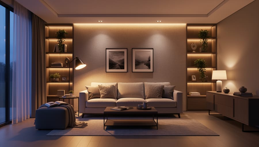 Modern living room featuring warm ceiling lighting, a focused lamp for reading, and softly illuminated décor.