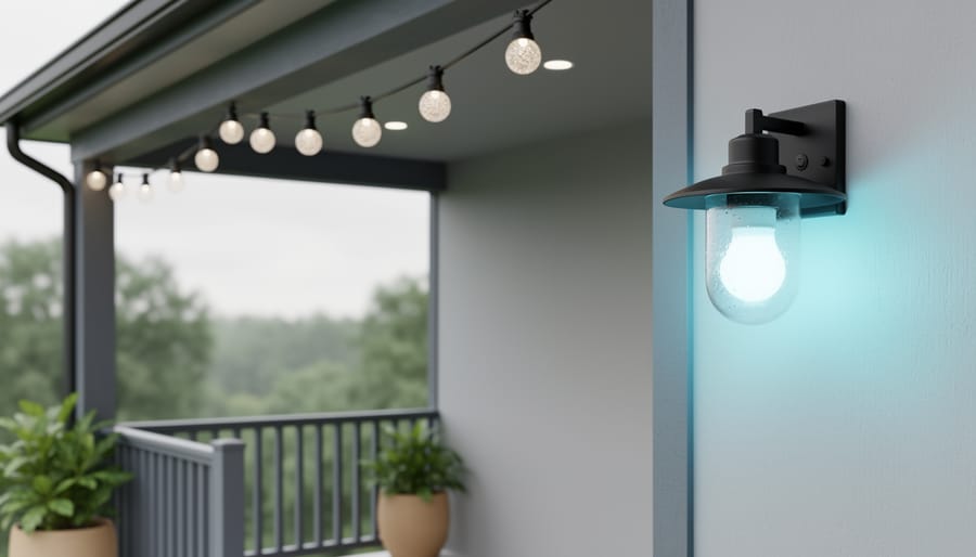 Weather-protected smart lighting on a covered porch with a softly glowing smart bulb in an outdoor fixture and a connected outdoor string-light section.