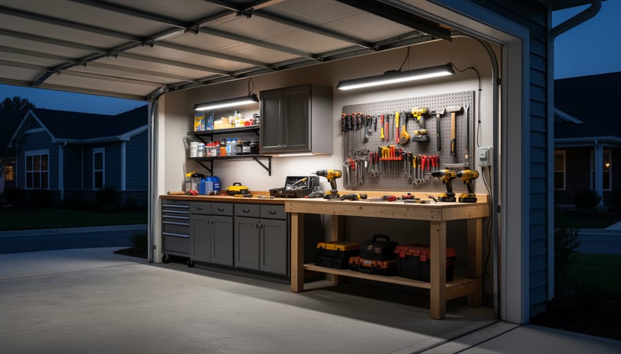 GE Cync smart bulb providing bright task lighting over a garage workbench