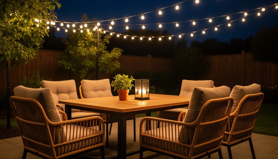 Govee Lynx Dream outdoor smart string lights glowing along a patio railing at night