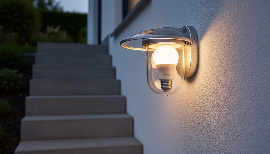 Meross MSL120 smart bulb installed in a covered outdoor stair light fixture