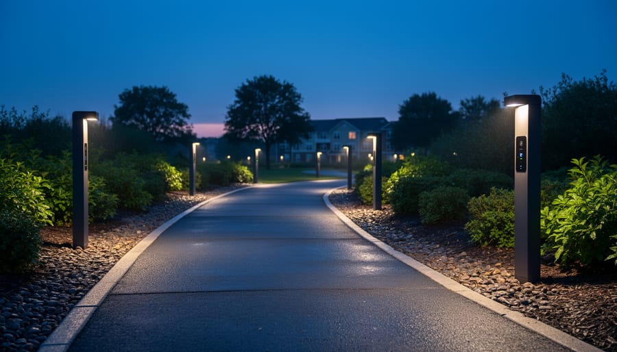 Outdoor walkway at blue hour with glowing, weather-protected smart lighting fixtures