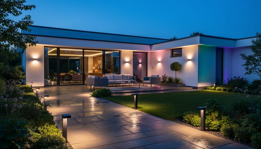 Philips Hue outdoor lighting fixtures glowing on a modern home facade at twilight