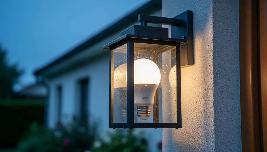 TP-Link Tapo L535E smart bulb inside an enclosed outdoor wall lantern