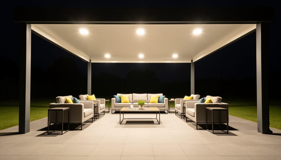U-tec 1100-lumen smart bulbs lighting a large covered outdoor entryway at night