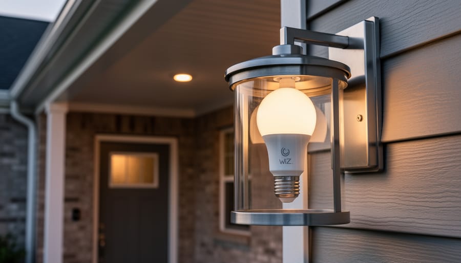WiZ 60W A19 smart color LED bulb in a covered porch exterior light fixture