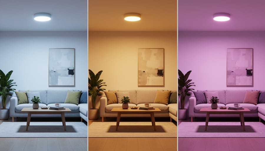 A smart bulb in a ceiling fixture casting tunable blue and warm amber light onto walls.