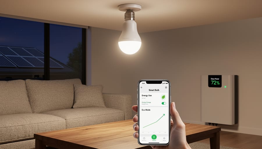 A smart bulb in a ceiling light glowing steadily with a clean-energy themed background.