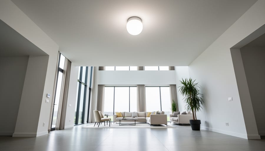 Smart bulb installed in an overhead fixture with a tall high-ceiling loft background.