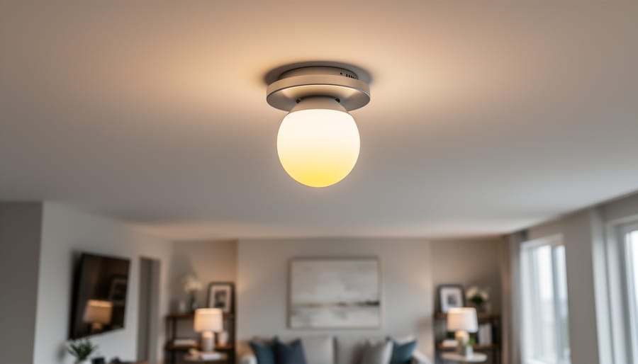 A smart LED bulb installed in a ceiling light socket in a modern living room.