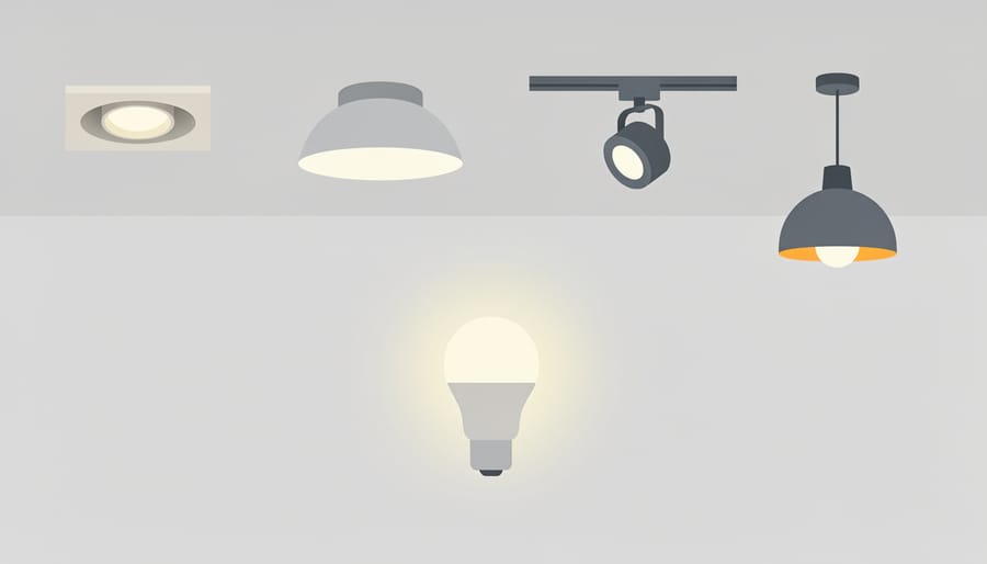 Smart bulbs shown in different ceiling fixture types including recessed and flush-mount styles.