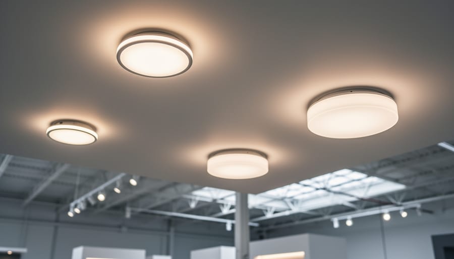 Multiple smart LED bulbs installed in recessed and flush-mount ceiling fixtures, emitting warm and neutral light in a commercial showroom.