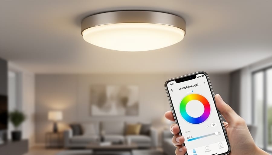 Person holding a smartphone near a ceiling light with a smart bulb for control.