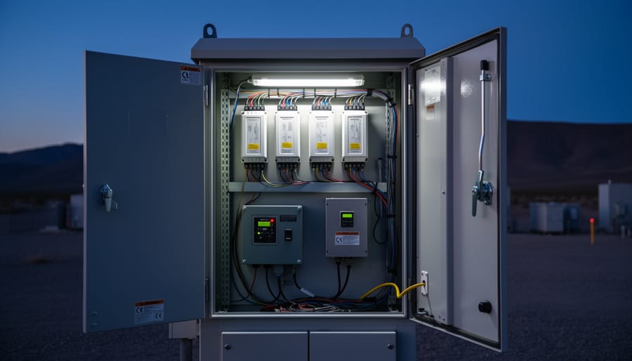 Outdoor off-grid telecommunications cabinet with battery-backed LEDs glowing inside at dusk.
