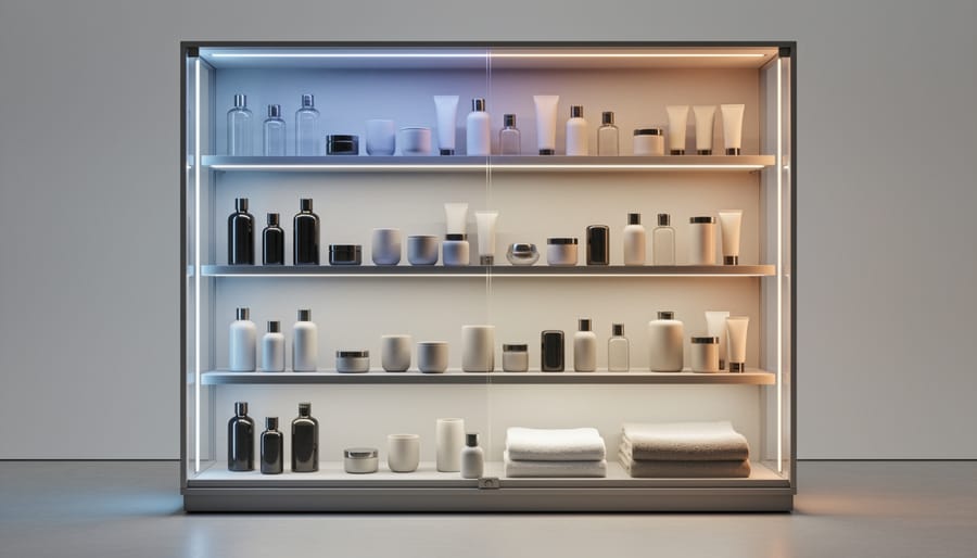 Retail display cabinet with color-tunable LED lighting illuminating products with flattering tones.