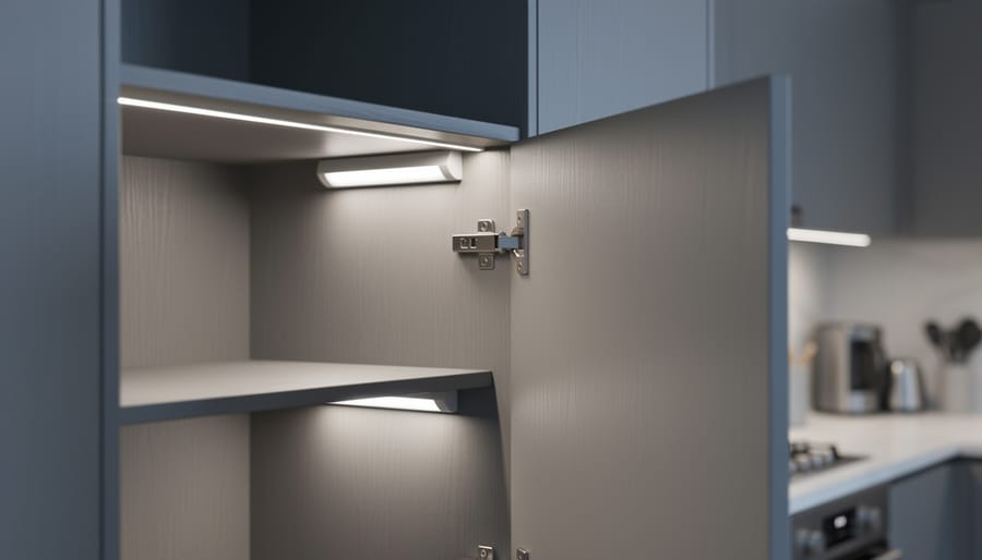 Close-up of an open kitchen cabinet with integrated LED strip and bar lighting illuminating shelves for efficient storage visibility.