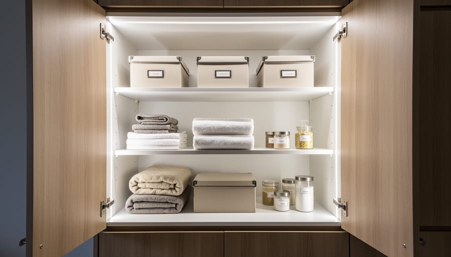 LED strip lighting installed inside a modern kitchen cabinet interior, illuminating stored items evenly.