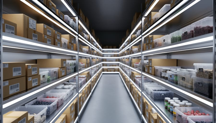 Linear LED fixtures installed under cabinet shelves illuminating inventory containers.