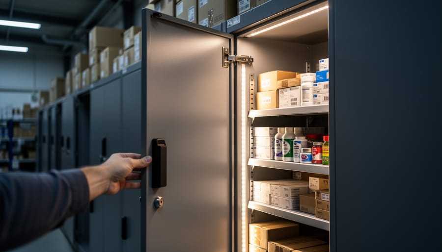 Warehouse cabinet door opening with LED interior lights activated for efficient visibility.