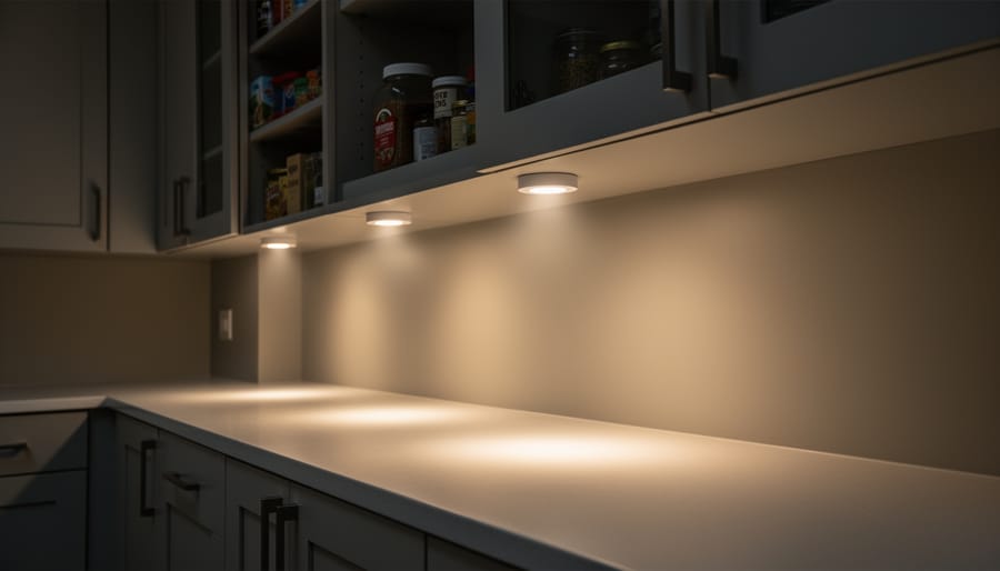 Close view of puck lights mounted inside a deep cabinet, casting focused pools of light on stored items.