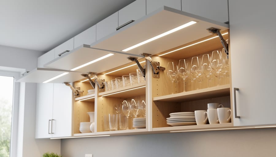 Ultra-slim LED panel lighting inside a shallow built-in medicine cabinet.