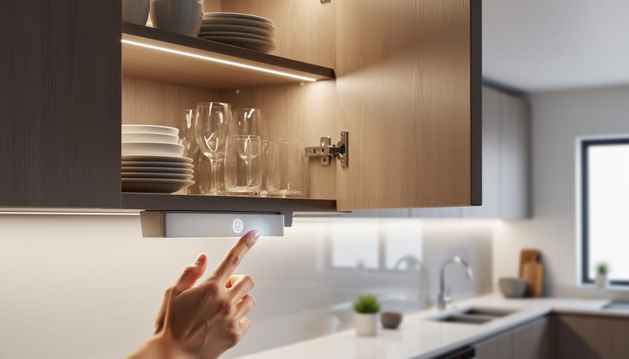 Hand touching a touch-activated LED module inside a cabinet while the interior lights up.