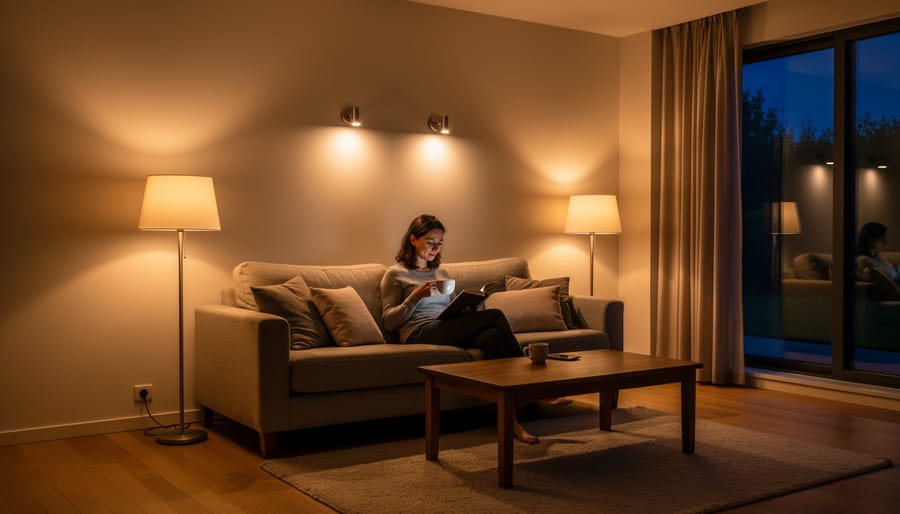 Bedroom corner softly lit by a dimmable smart bulb