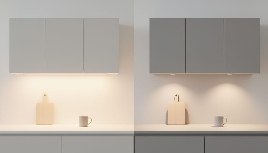 Under-cabinet lighting creating an even, glare-controlled light wash across a countertop in a kitchen nook.