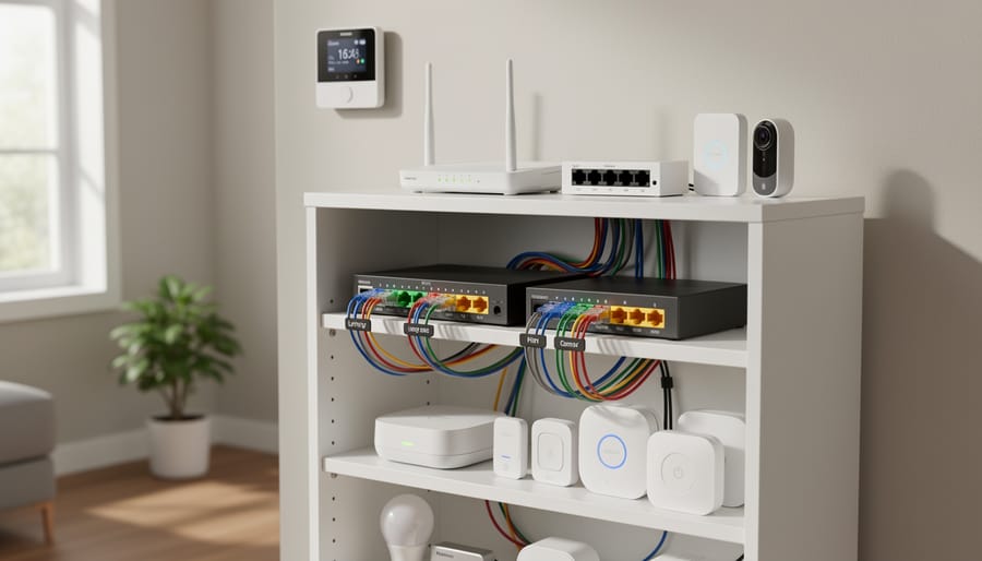 Smart plugs and home networking devices arranged on a shelf for reliable connectivity