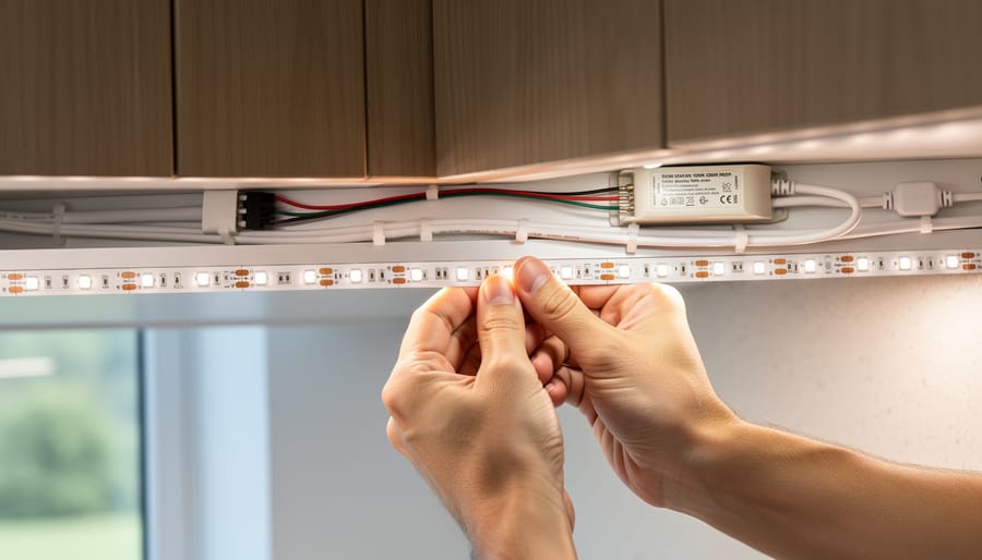 Installer hands mounting an LED strip light under a kitchen cabinet and routing low-voltage wiring neatly.