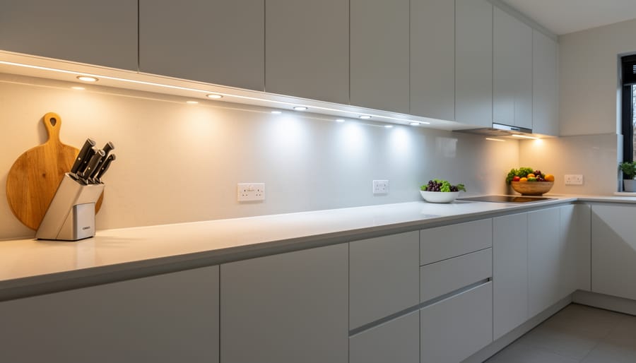 Under-cabinet lighting in a modern kitchen with glowing puck, strip, and bar fixtures beneath cabinetry.