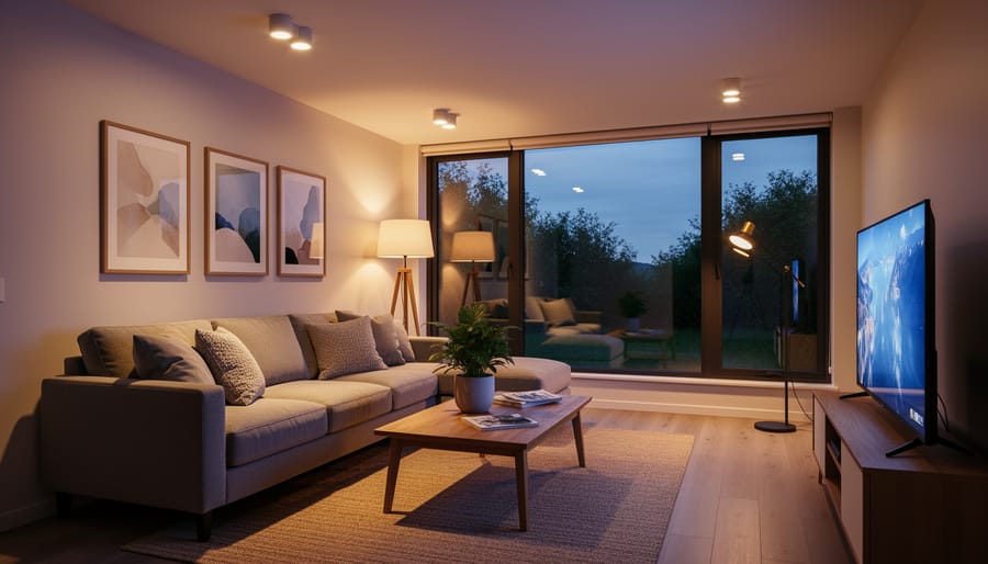 Modern living room at dusk with smart LED bulbs glowing warmly